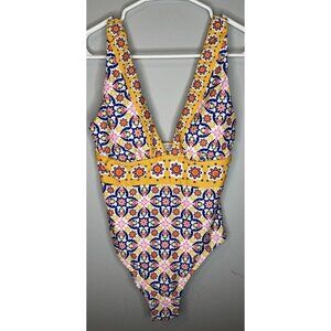 New Women’s Boho One Piece Swimsuit Medium Colorful Floral V Neck